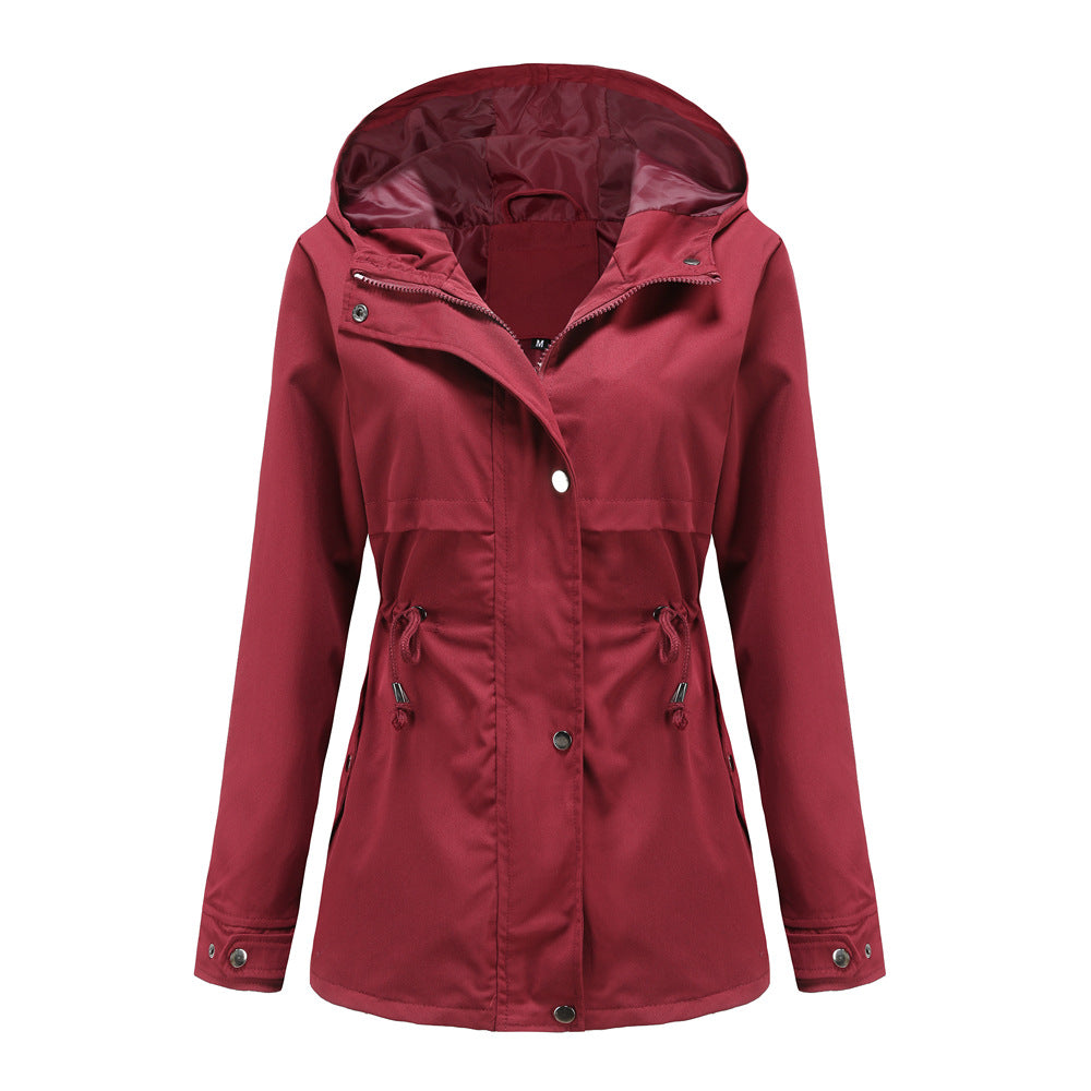 Women's breathable transitional jacket with hood, waist drawstring and concealed snap button placket Mune Fashion