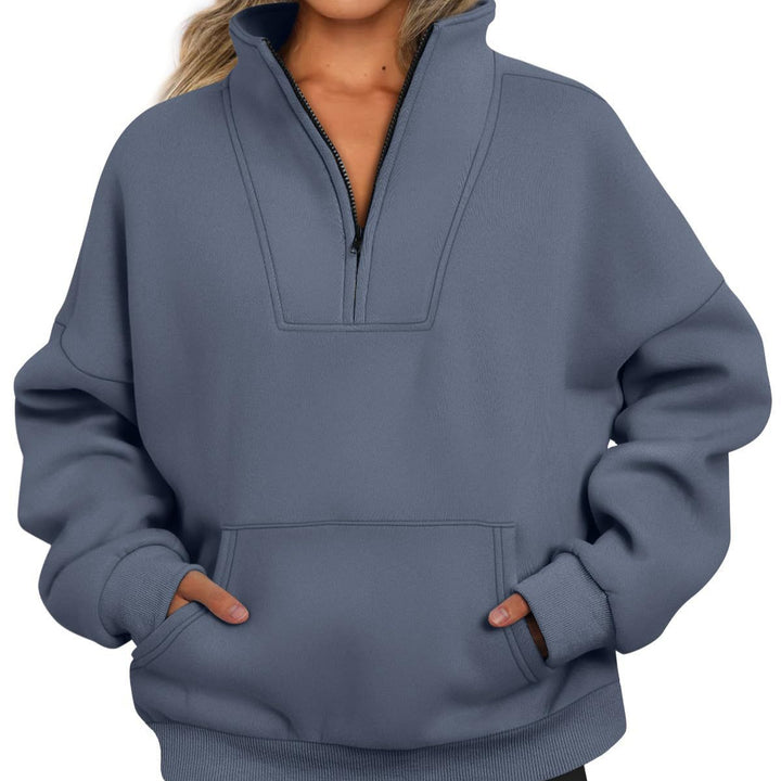 Women's oversized half-zip hoodie with high stand collar, kangaroo pocket, and ribbed cuffs Mune Fashion