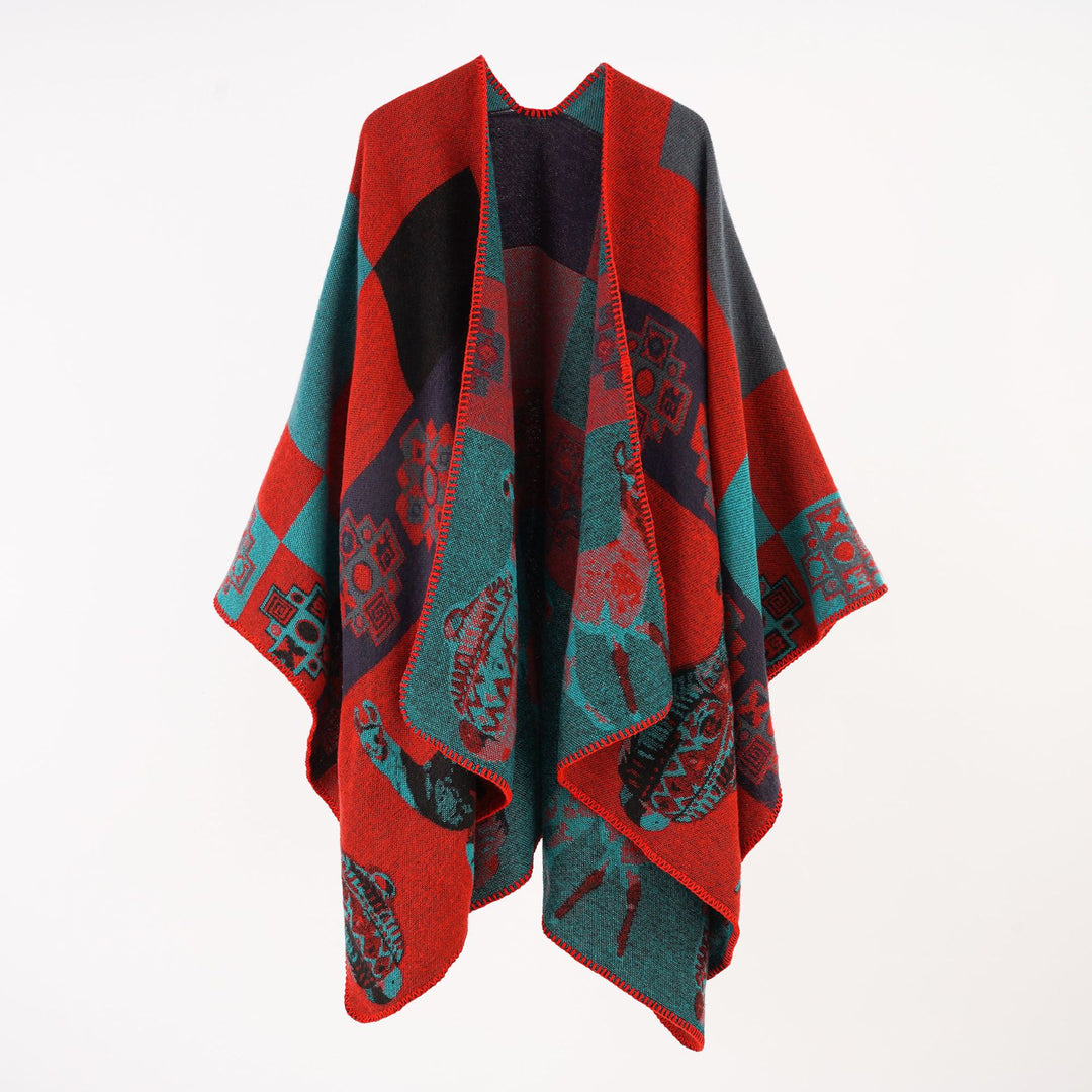 Women's Oversized Jacquard Cape Poncho with Ornamental Weaving Structure Mune Fashion