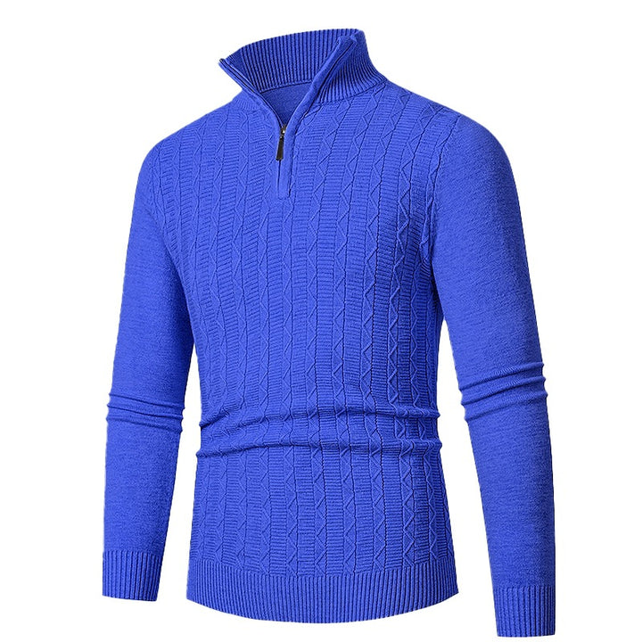 Men's Slim Fit Half-Zip Structured Pullover made of Merino Blend with Cable Knit Pattern and Stand-Up Collar Mune Fashion