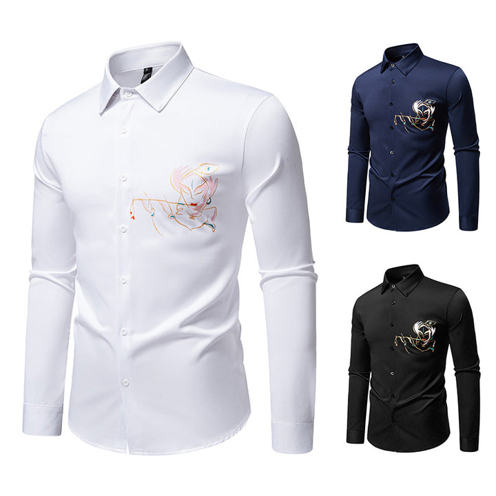 Men's Slim-Fit Business Shirt with elaborate chest embroidery and Kent collar Mune Fashion