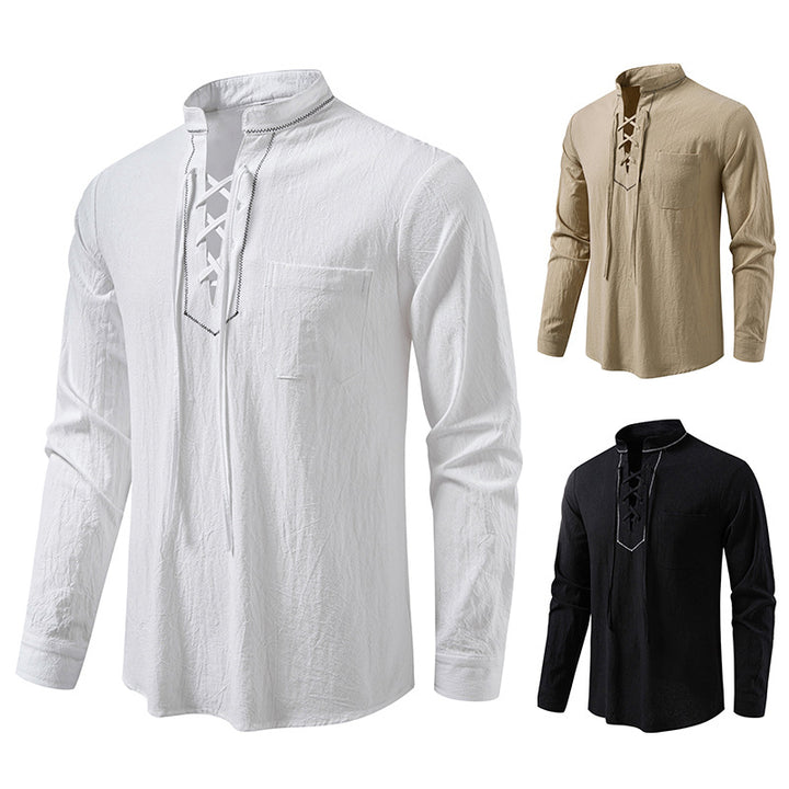 Men's Lightweight Cotton Blend Henley Shirt with Lace Placket and Stand Collar Mune Fashion