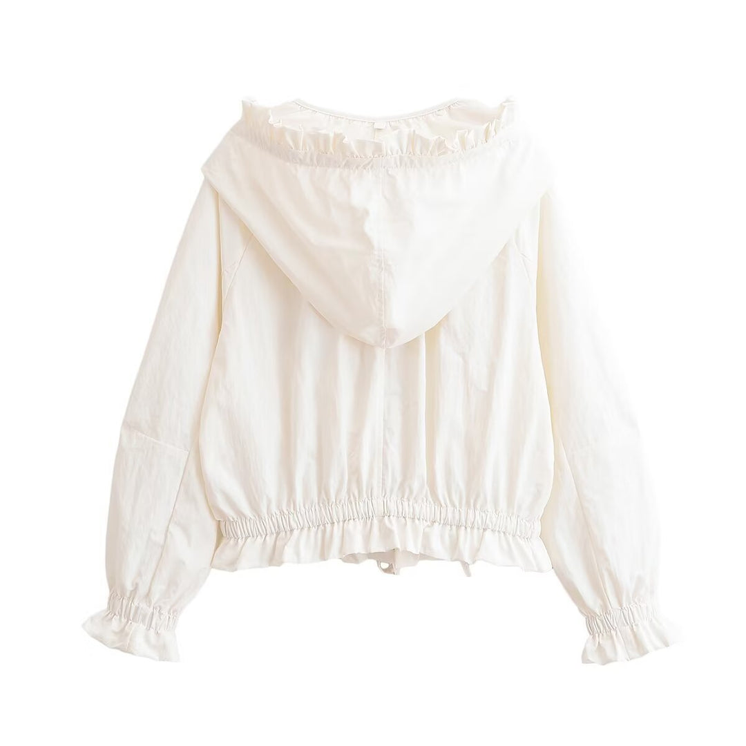 Women's Lightweight Cropped Transitional Jacket with Ruffled Collar, Drawstring and Elastic Cuffs Mune Fashion