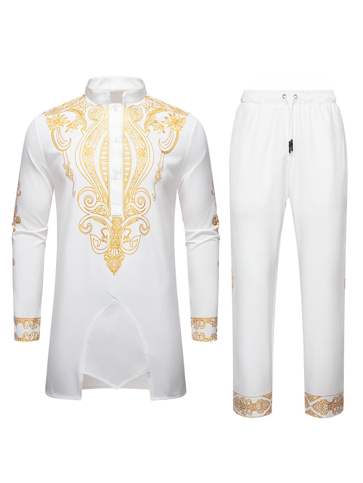 Men's Tunic Suit with Stand Collar and Ornamental Gold Application Mune Fashion