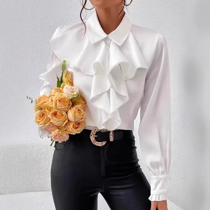 Women Elegant Ruffled Blouse with Flounces, Shirt Collar and Cuffs Drune