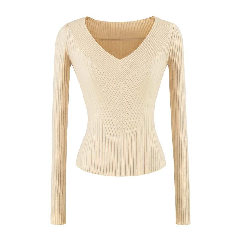 Women's Tailored Ribbed Knit Sweater with V-Neck and Shaping Structure Mune Fashion