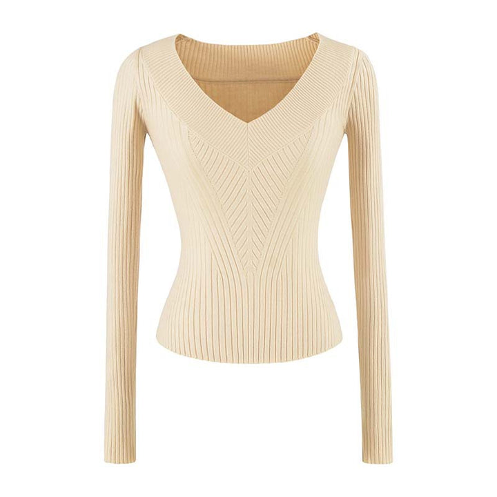 Women's Tailored Ribbed Knit Sweater with V-Neck and Shaping Structure Mune Fashion