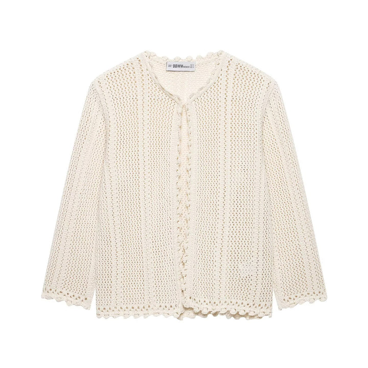 Ladies Crocheted Short Cardigan with Scallop Edge and Eyelet Pattern Mune Fashion