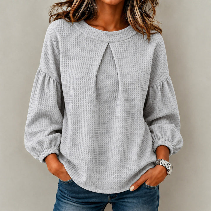Women's Loose Waffle Knit Sweatshirt with Front Pleat and Balloon Sleeves Mune Fashion