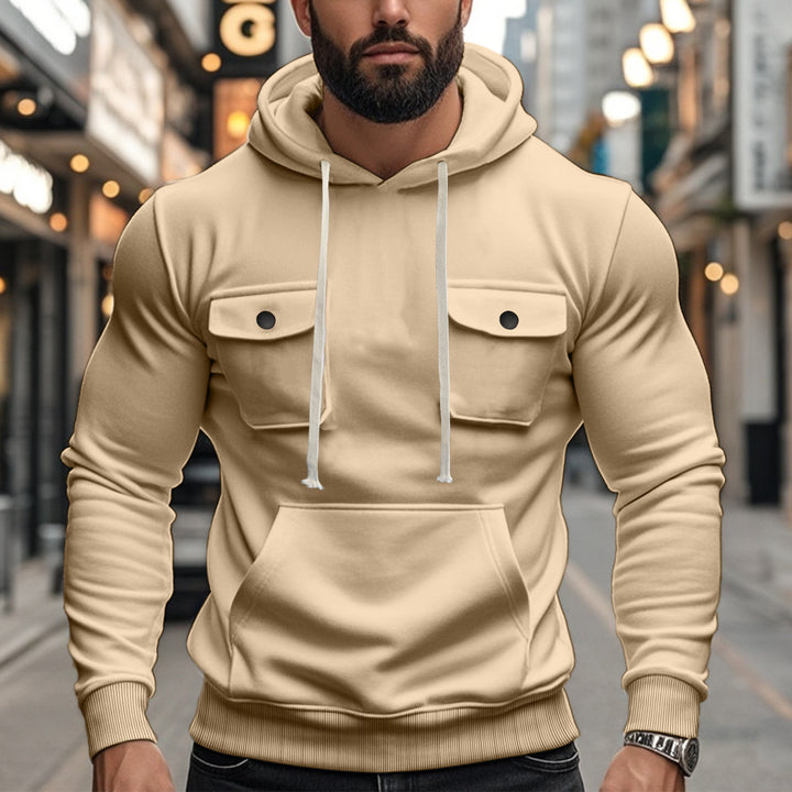 Men's sporty hoodie with patch flap pockets, kangaroo pocket, and narrow hem Mune Fashion