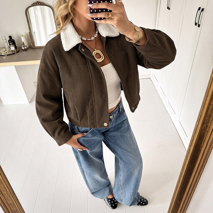 Women Short Cut Cord Jacket with Teddy Lining and Sheep Collar Mune Fashion