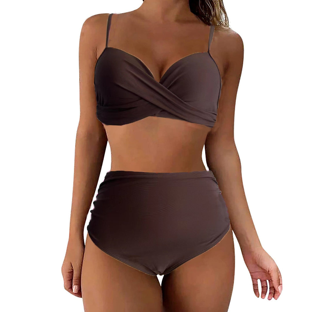 Women's High-Waisted Bikini Set with Floral Top and Gathered Bottom Mune Fashion