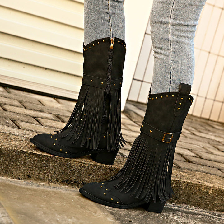 Women nan western boots with fringes, studs, and buckle straps Mune Fashion