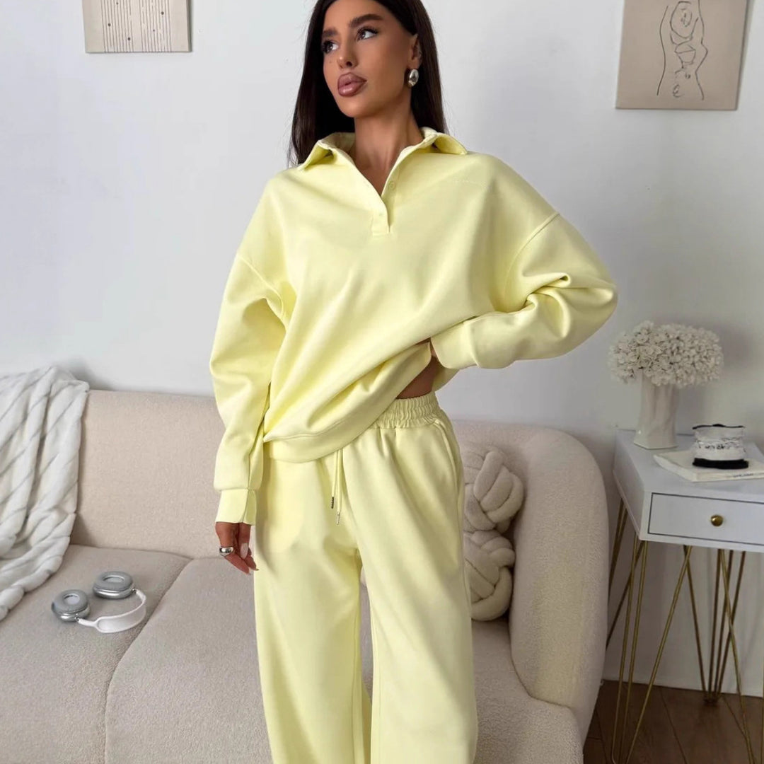 Women's wide Polo lounge set with elastic drawstring waistband and wide-leg jogging pants Mune Fashion