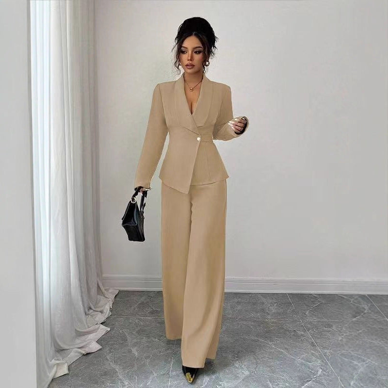 Women's tailored pantsuit set with asymmetrical blazer and wide-leg Mune Fashion