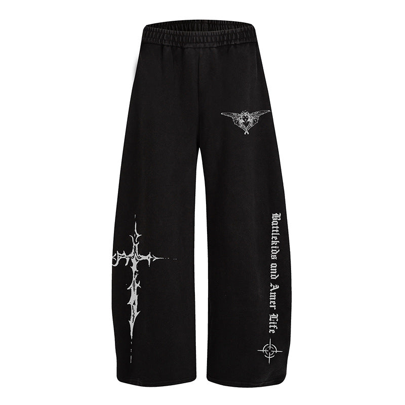 Women's Loose Palazzo Style Lounge Pants with Elastic Waistband and Gothic Print Mune Fashion