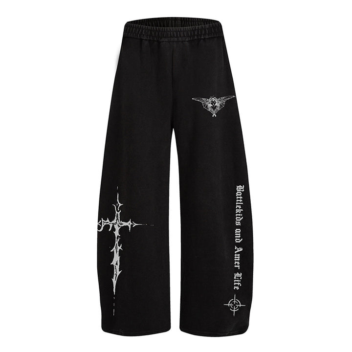 Women's Loose Palazzo Style Lounge Pants with Elastic Waistband and Gothic Print Mune Fashion