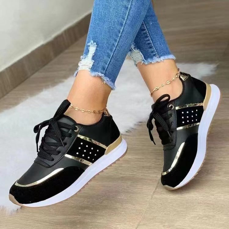 Women Elegant City Wedge Sneakers with Suede-Mesh Mix and Golden Decorative Stripes Mune Fashion