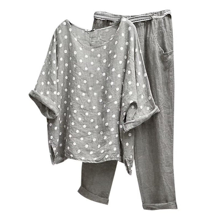 Women's comfortable linen leisure set with loose tunic, polka dot pattern and elastic waistband pants Mune Fashion