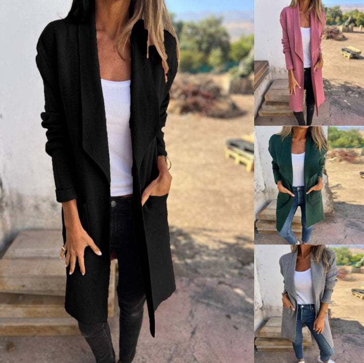 Women Open Long Cardigan Coat with Shawl Collar and Patch Pockets Mune Fashion