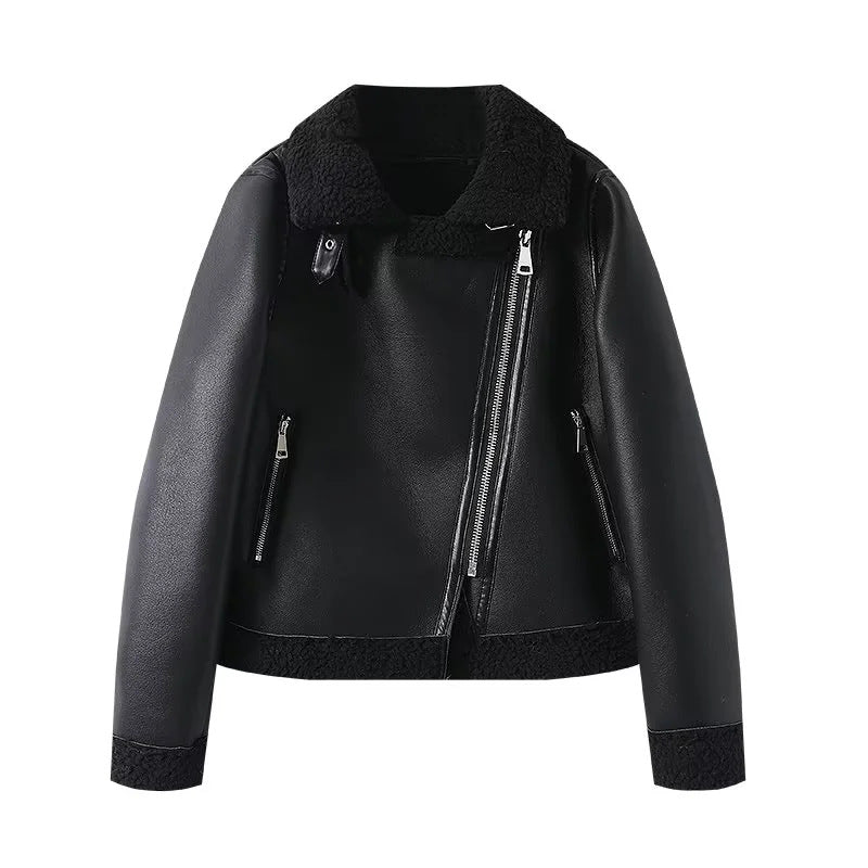 Women's fitted biker jacket in lambskin look with asymmetrical zipper Mune Fashion