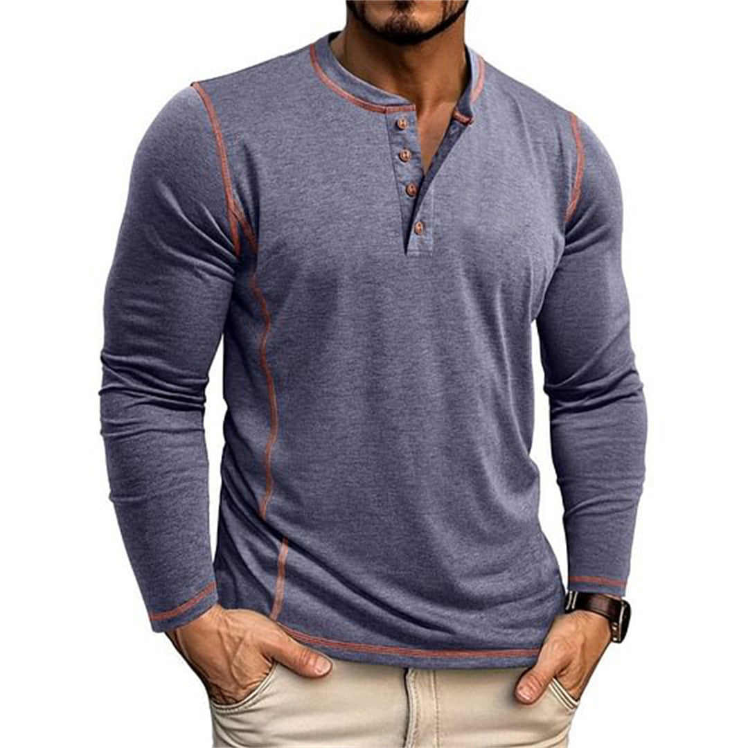 Men's Elastic Long Sleeve Henley Shirt with Contrast Stitching and Button Placket EB