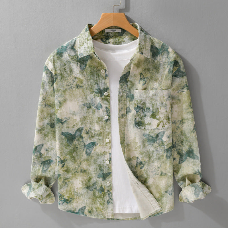 Men's Lightweight Linen Blend Shirt with Watercolor Butterfly Print and Chest Pocket Mune Fashion