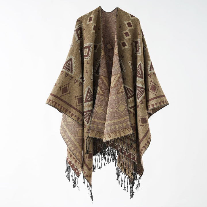 Women's jacquard wrap ruana in ethnic design with fringes and open fall Mune Fashion
