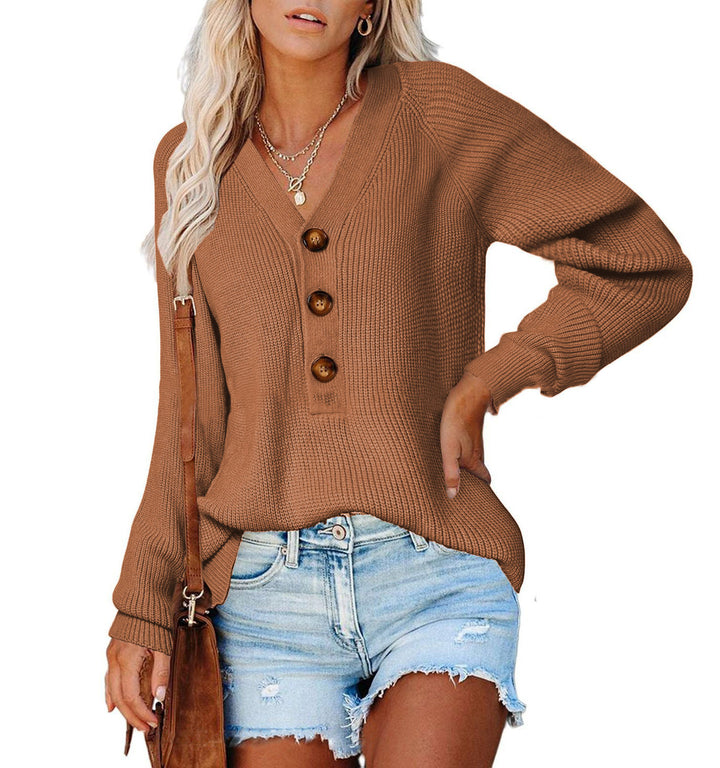 Women's Ribbed Knit Sweater with V-Neck, Decorative Button Placket and Balloon Sleeves Mune Fashion