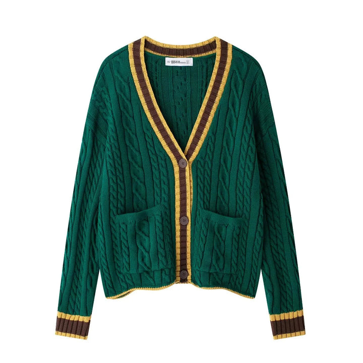 Women's cable knit cardigan with V-neck, patch pockets and contrast edges Mune Fashion