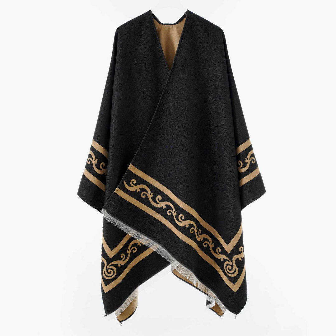 Women's Oversize Cape with Geometric Jacquard and Fringe Hem Mune Fashion