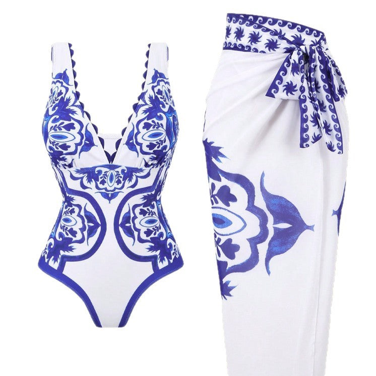Women’s bathing suit with feminine jacquard pattern and matching wrap skirt Mune Fashion