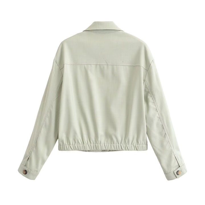 Women's cropped boxy worker jacket with shirt collar, patch breast pockets and elastic hem Mune Fashion