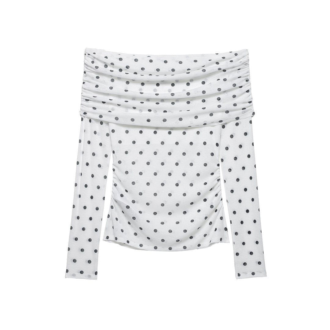 Women's Off-Shoulder Long Sleeve Top with Draped Overlap Collar and Polka Dot Pattern Mune Fashion