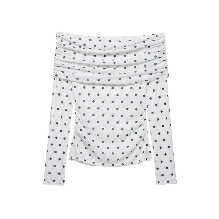 Women's Off-Shoulder Long Sleeve Top with Draped Overlap Collar and Polka Dot Pattern Mune Fashion