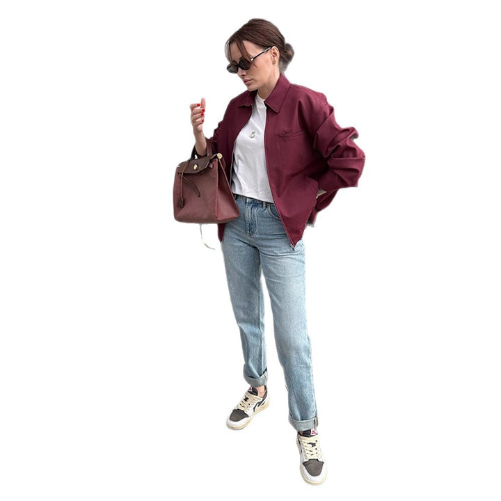 Women's lightweight twill transition jacket with shirt collar, concealed zipper, and boxy silhouette Mune Fashion