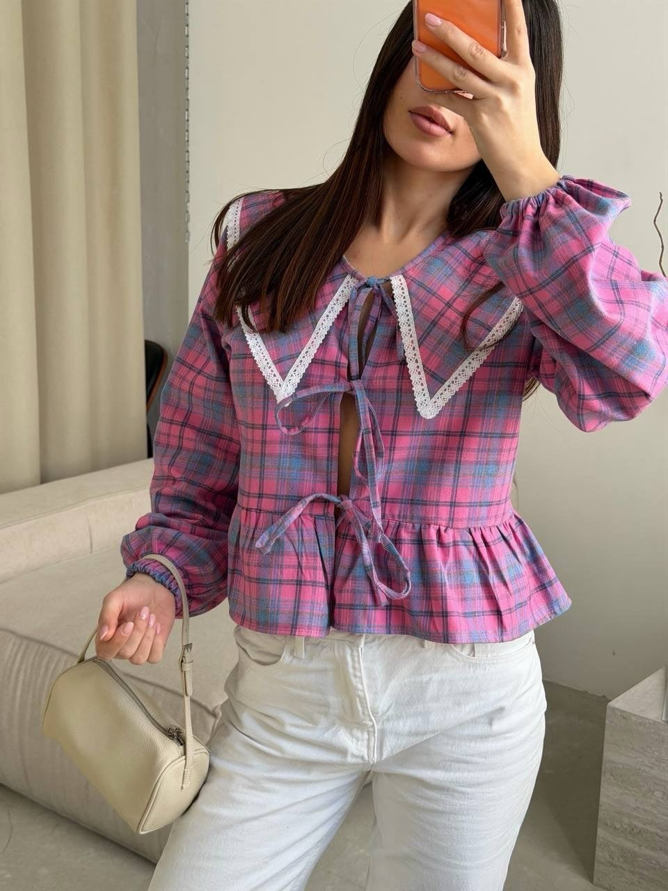 Women's Checked Ruffle Blouse with Oversized Lace Collar and Ties Mune Fashion