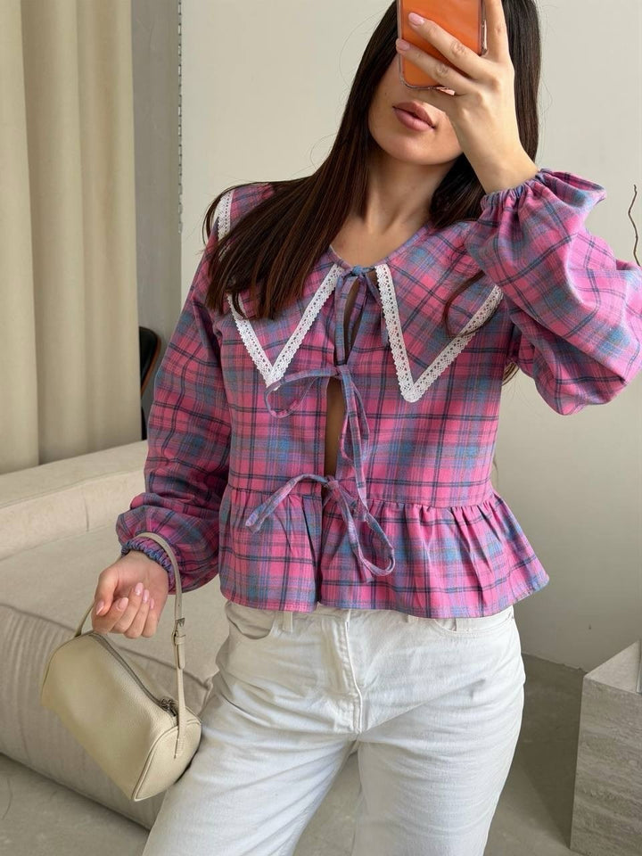 Women's Checked Ruffle Blouse with Oversized Lace Collar and Ties Mune Fashion