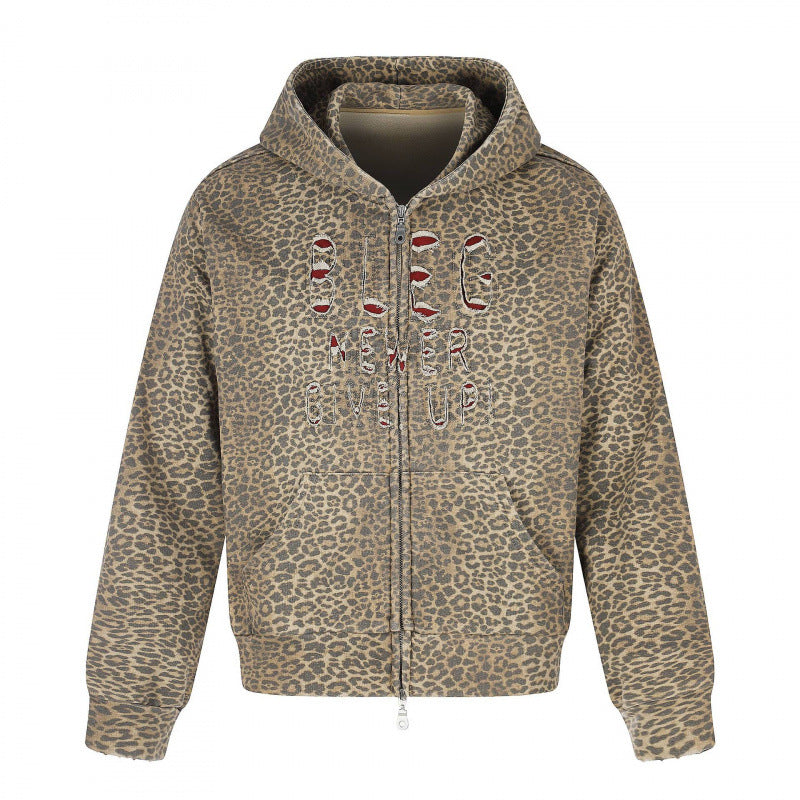 Unisex hooded jacket in all-over leopard with vintage effect, zipper and destroy embroidery Mune Fashion