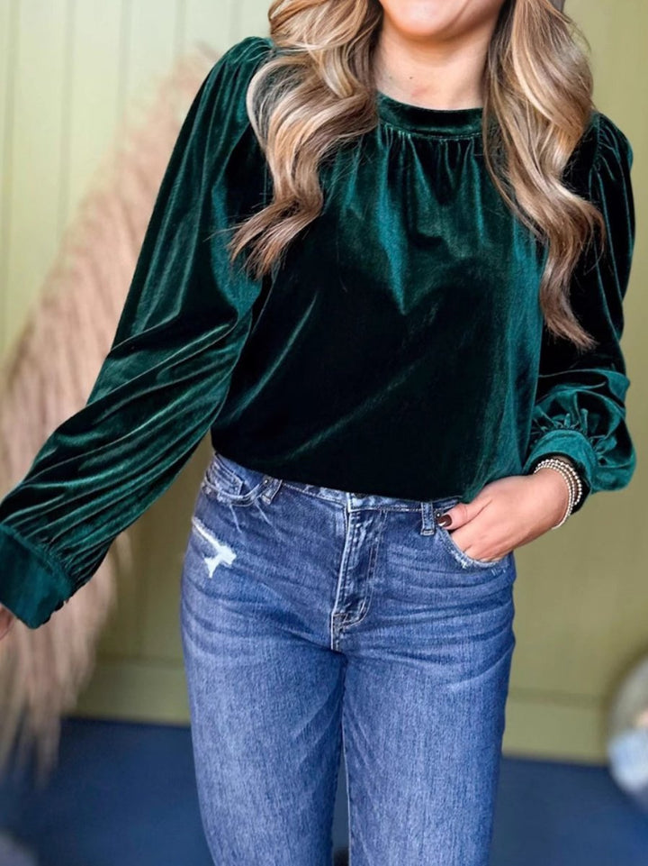 Ladies velvet blouse with balloon sleeves and gathered stand-up collar Drune
