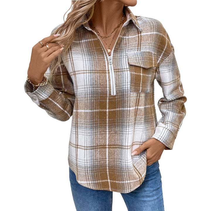 Women's Oversize Check Half-zip Shirt Blouse made of Flannel with applied Chest Pocket Mune Fashion