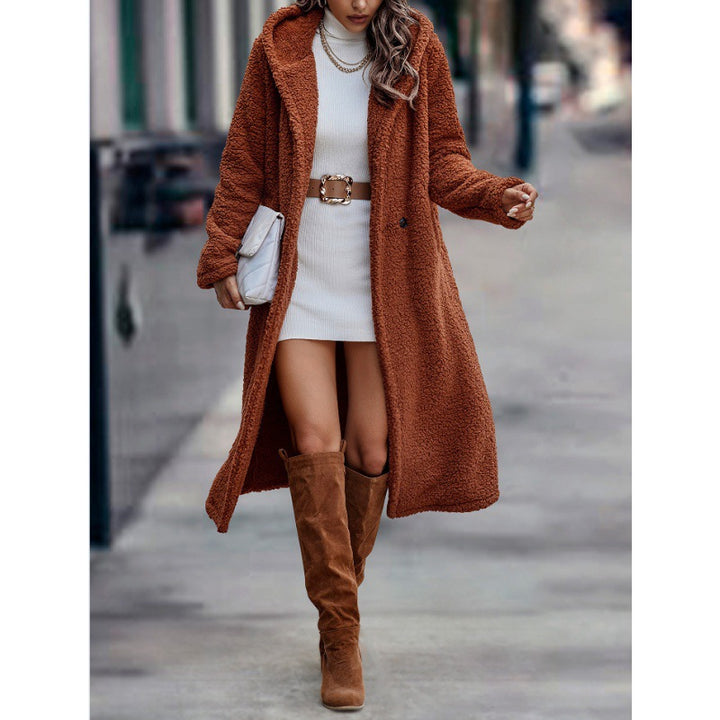 Women's Maxi Length Teddy Coat with Hood and Double Button Placket Mune Fashion