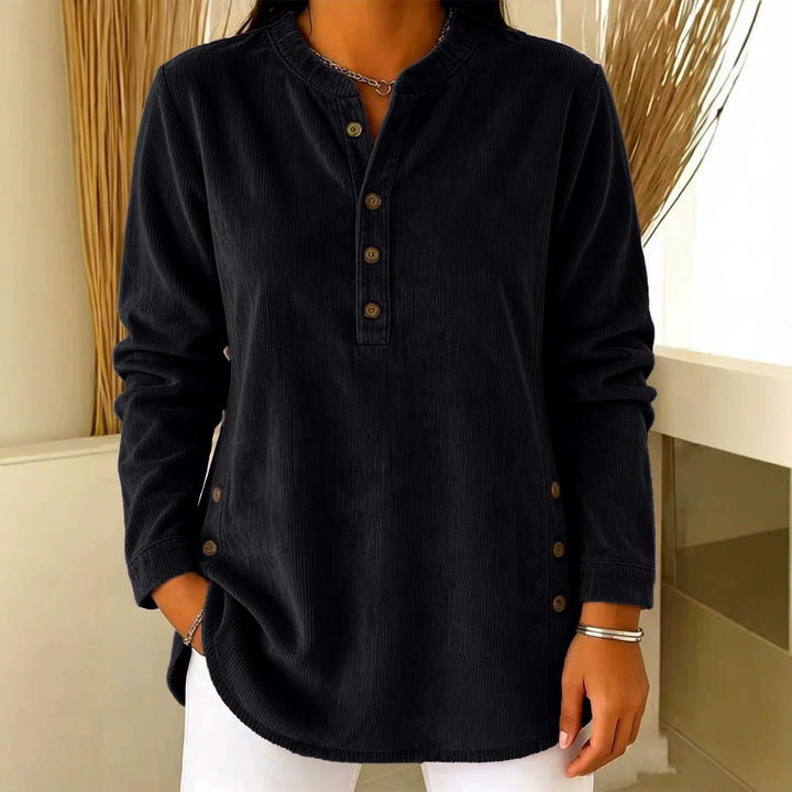 Women Casual Corduroy Look Tunic with Henley Neckline and Side Buttons Drune