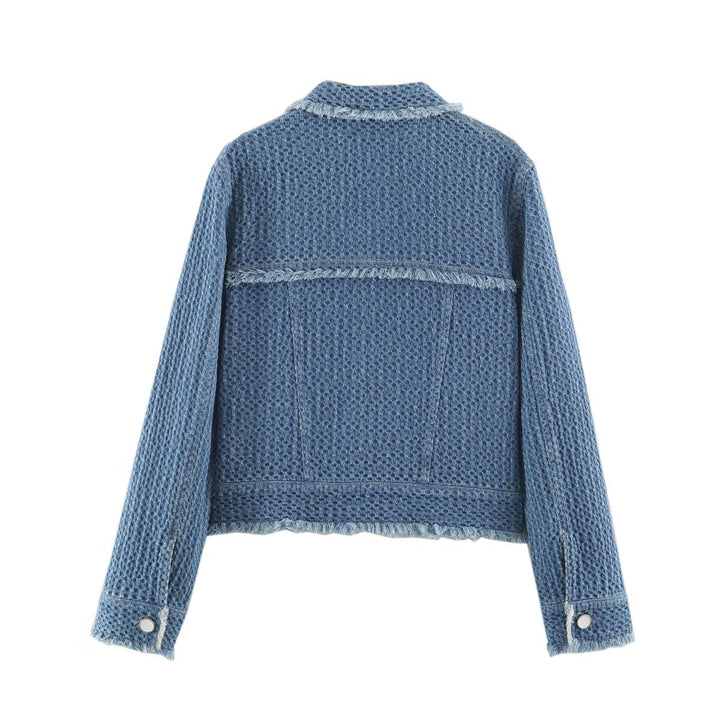 Ladies Cropped Boxy Denim Jacket with Waffle Texture, Patch Pockets and Fringe Trim Mune Fashion