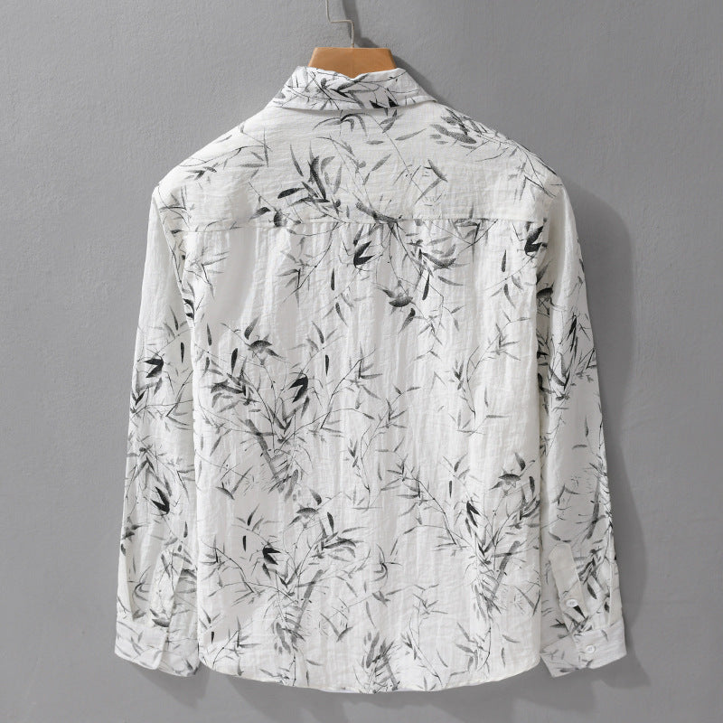 Men's Breathable Linen-Cotton Shirt with Botanical Brush Print and Kent Collar Mune Fashion