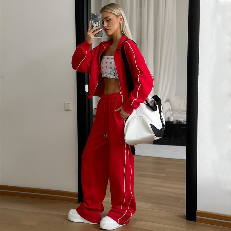 Women's nano short zipper hoodie and high waist jogging pants set with decorative side piping Mune Fashion