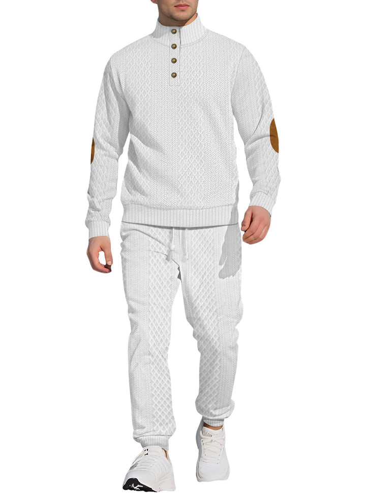 Men's patterned knit leisure set with half-button stand collar suede elbow patches and drawstring joggers Mune Fashion