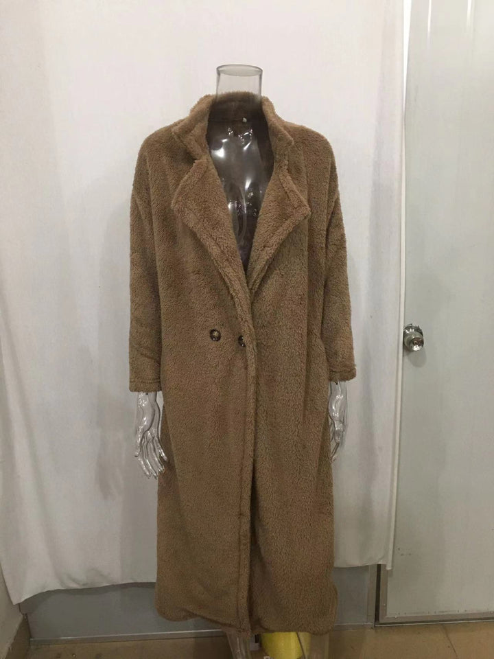 Ladies longer teddy coat with large lapel collar, double button placket and practical side pockets Mune Fashion