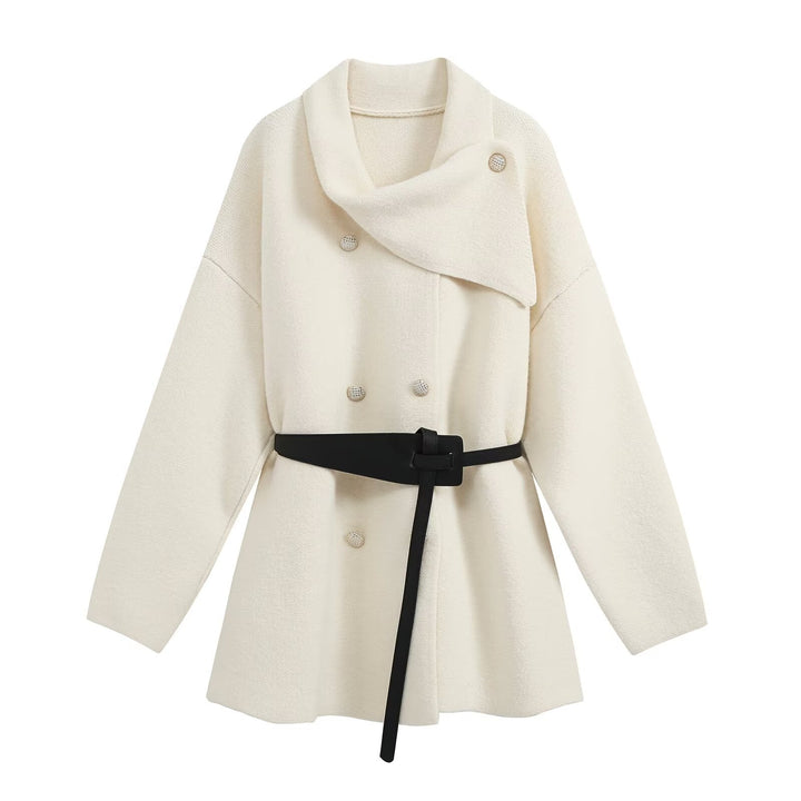 Women's short coat with asymmetrical shawl collar, double-breasted button placket and waist belt Drune