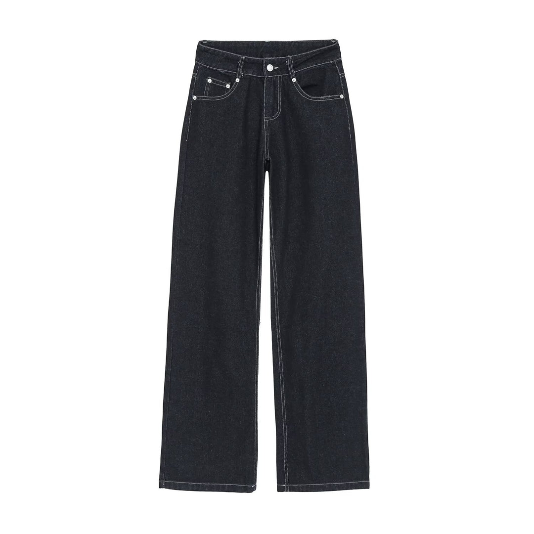 Women's High-Waist Jeans Pants with Wide Leg and Contrast Stitches Mune Fashion